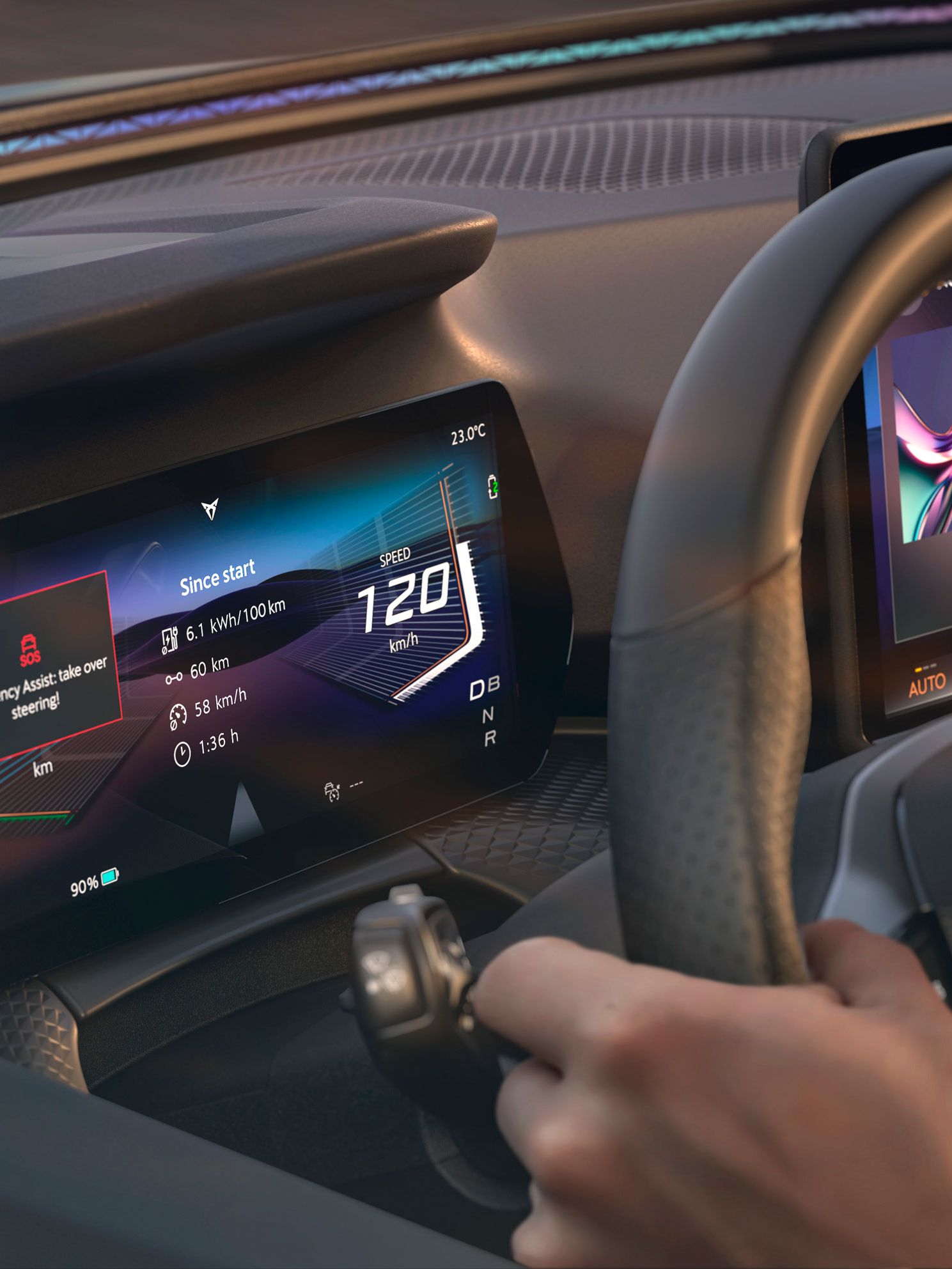: Innenansicht des CUPRA Raval VZ mit digitalem Cockpit und der Emergency Assist-Funktion.