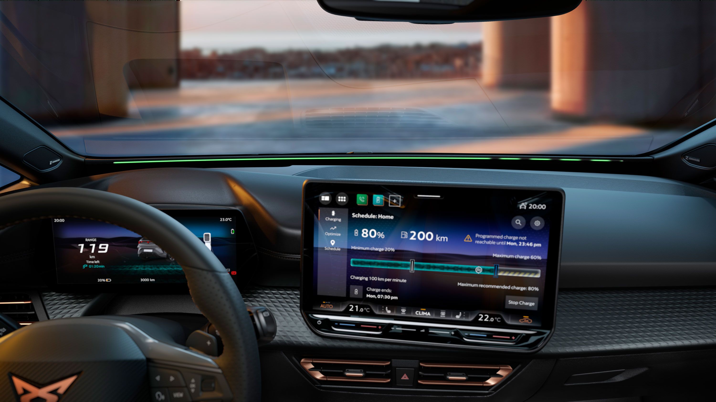 Innenraum des CUPRA Born, der das LIGHT & SOUND Paket hervorhebt, inklusive Sennheiser-Sound und Smartlight.