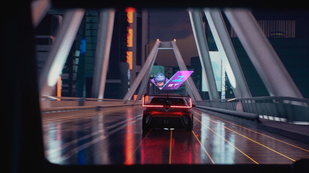 Futuristische Darstellung der Rückansicht eines CUPRA UrbanRebel auf der Fahrt über eine Brücke.
