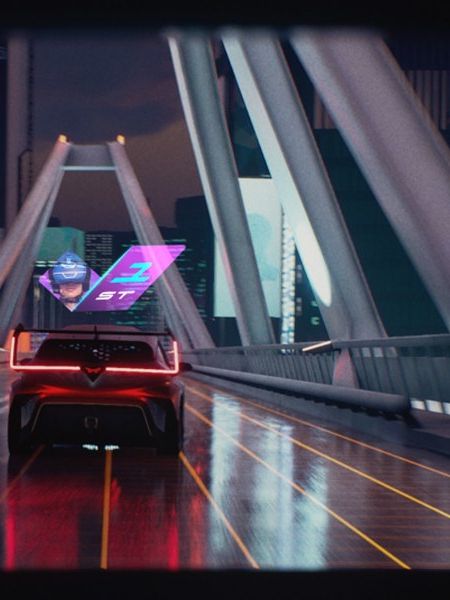 Futuristische Darstellung der Rückansicht eines CUPRA UrbanRebel auf der Fahrt über eine Brücke.