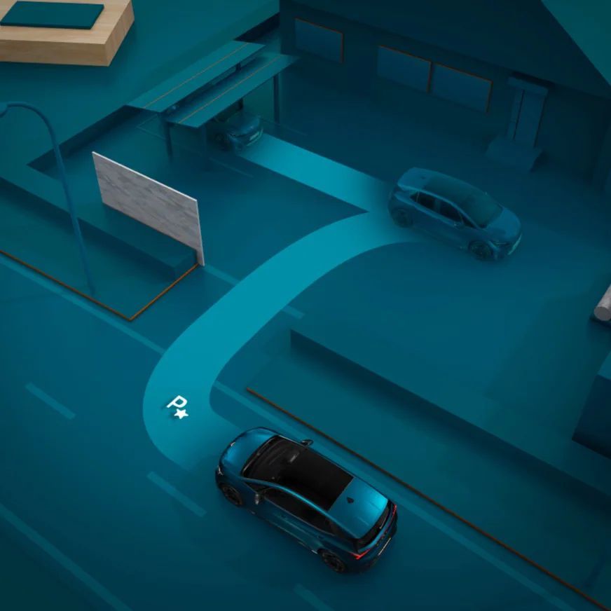 Graphische Darstellung der Funktion des Parkassistenten in einem CUPRA Born.