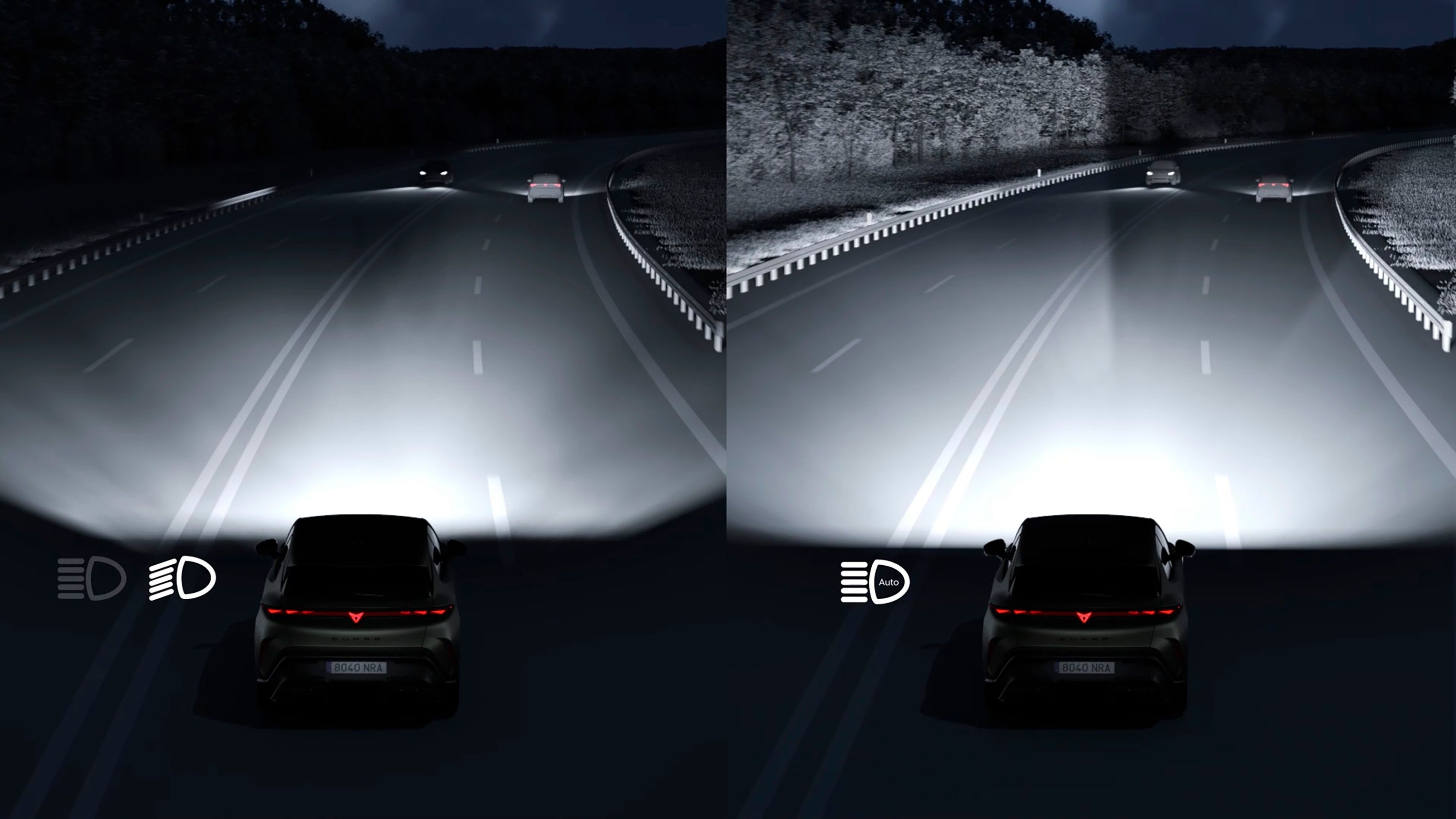 Matrix-LED-Leuchten des CUPRA Raval VZ, die Design und Funktionalität zeigen.