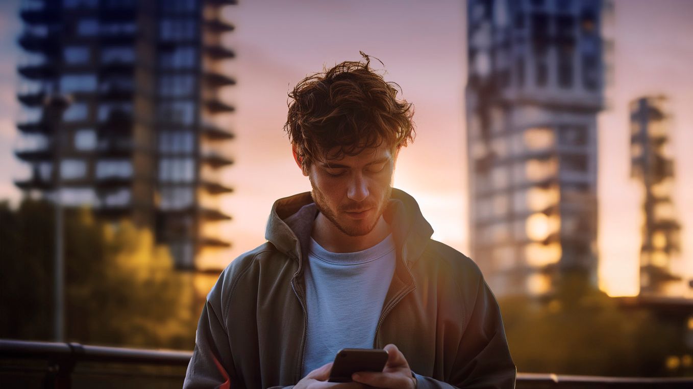 Ein Mann blickt auf sein Smartphone. Im Hintergrund sind Wolkenkratzer zu sehen.