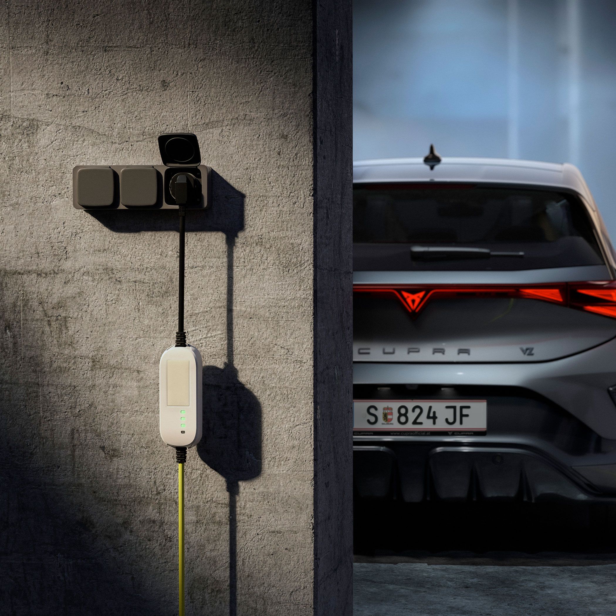 Ladesystem des CUPRA Born VZ. Das Auto wird bequem zu Hause aufgeladen.