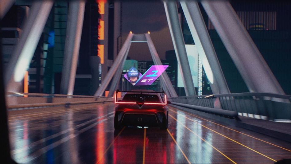 Futuristische Darstellung der Rückansicht eines CUPRA UrbanRebel auf der Fahrt über eine Brücke.