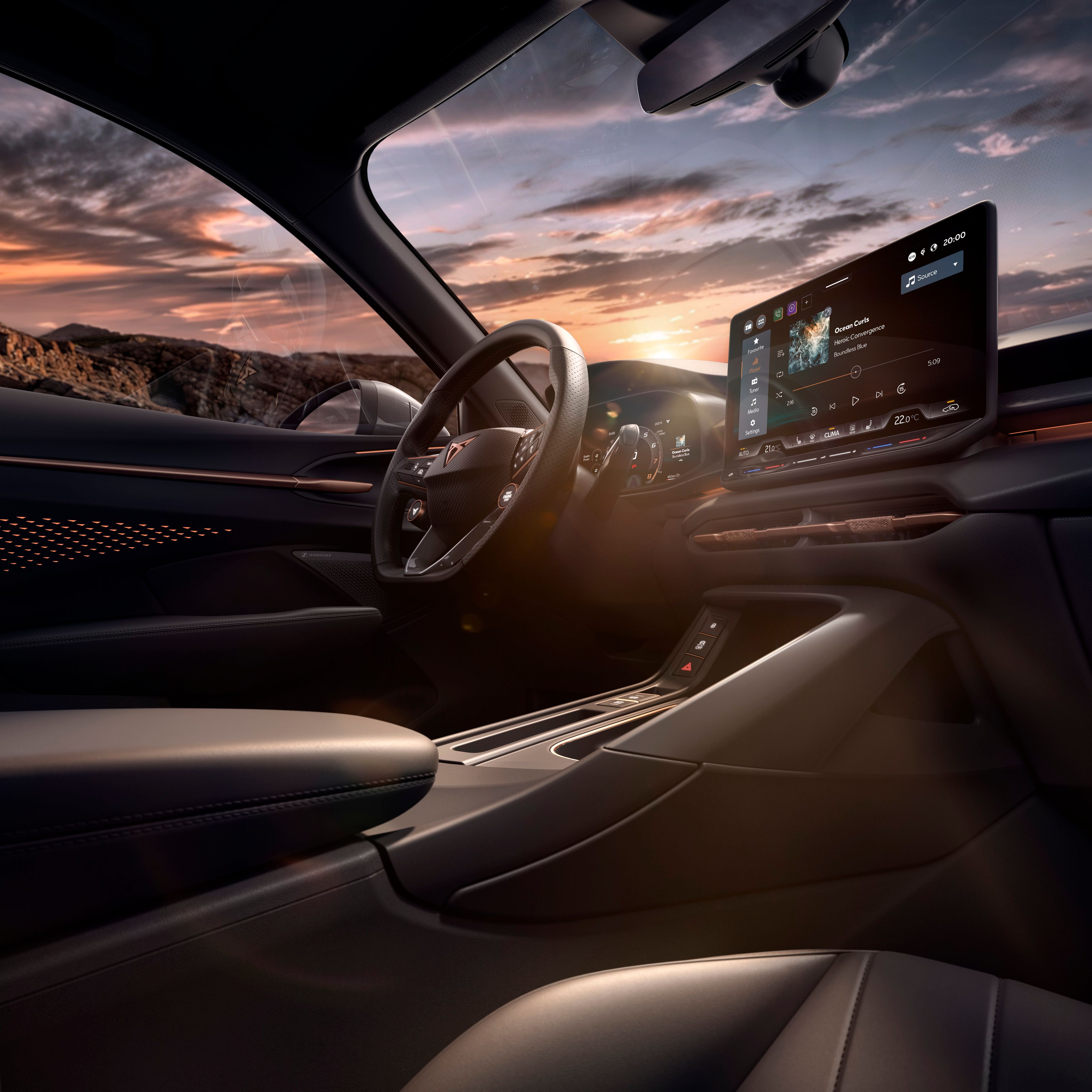 Blick vom Beifahrersitz auf das Cockpit und durch die Frontscheibe eines CUPRA Terramar.