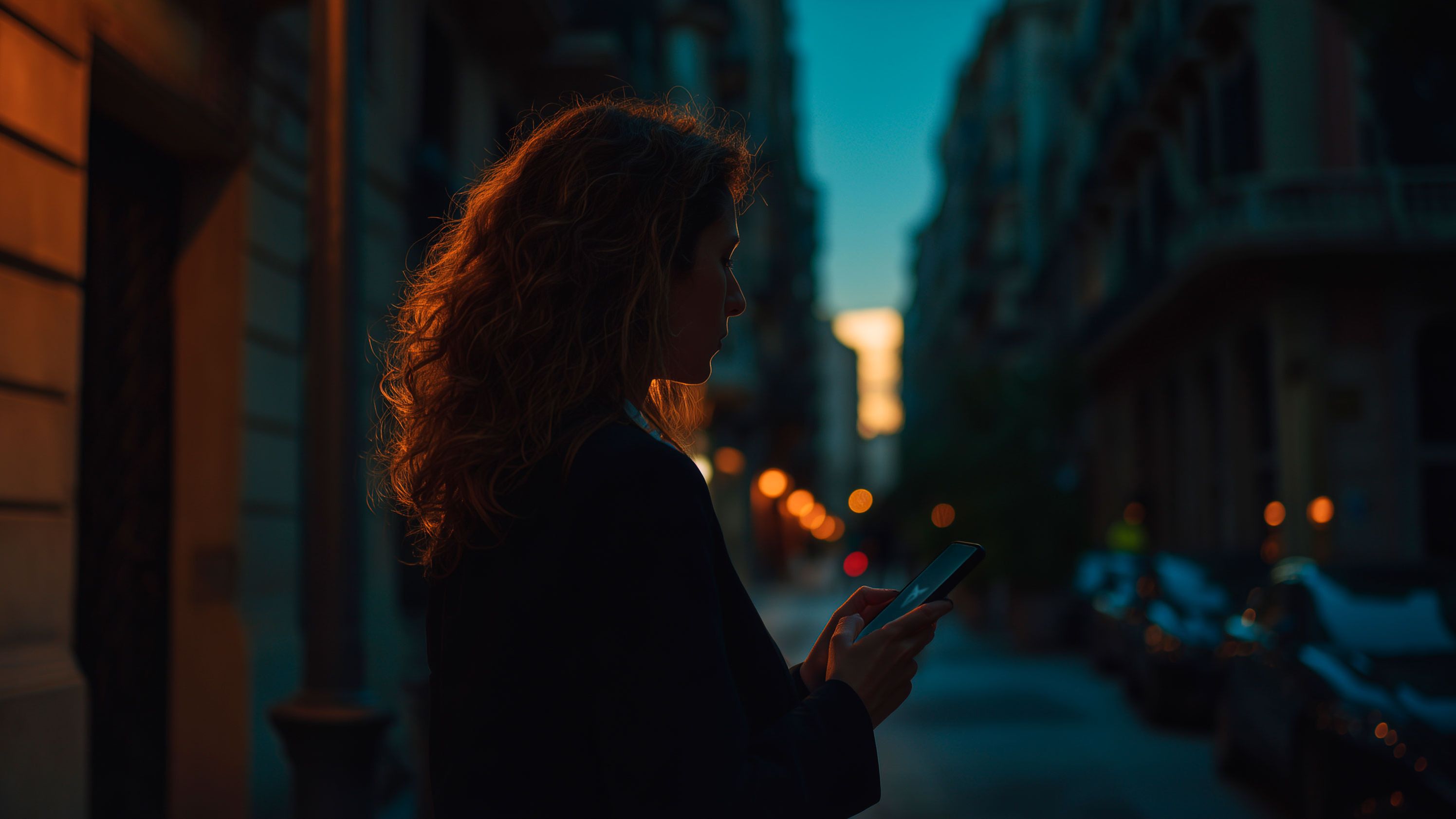 AI generated – Abendliche Straßenszene mit Verkehr, eine Frau nutzt ihr Smartphone, um den CUPRA-Hilfe-/Kontaktservice zu erreichen.