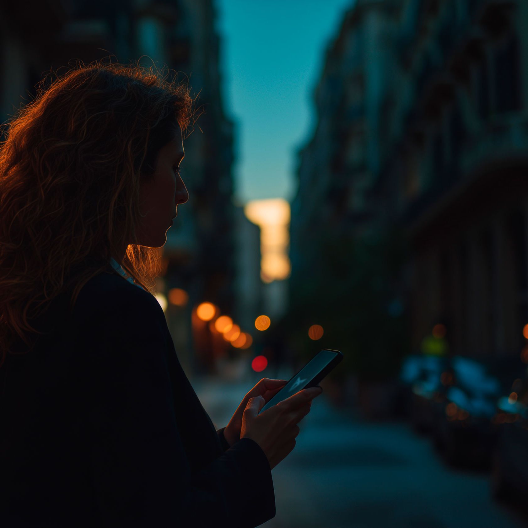 AI generated – Abendliche Straßenszene mit Verkehr, eine Frau nutzt ihr Smartphone, um den CUPRA-Hilfe-/Kontaktservice zu erreichen.