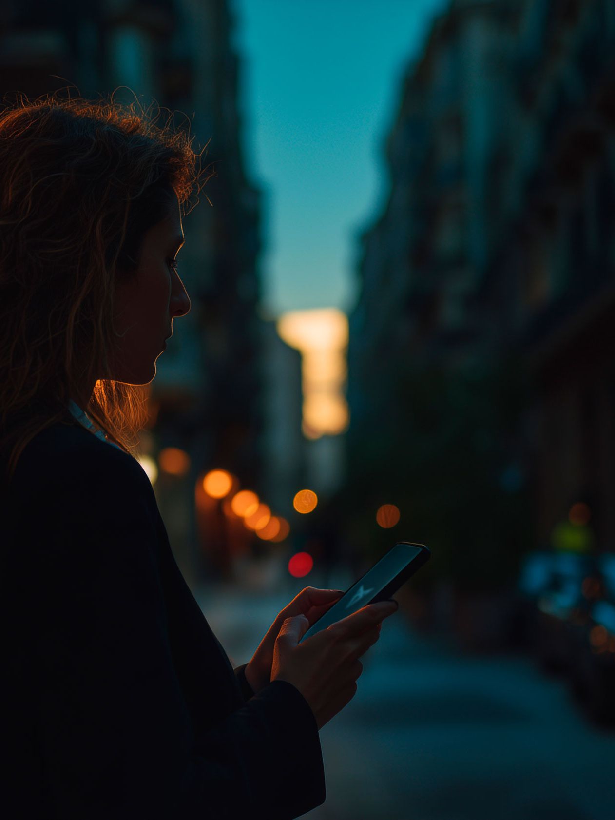 AI generated – Abendliche Straßenszene mit Verkehr, eine Frau nutzt ihr Smartphone, um den CUPRA-Hilfe-/Kontaktservice zu erreichen.