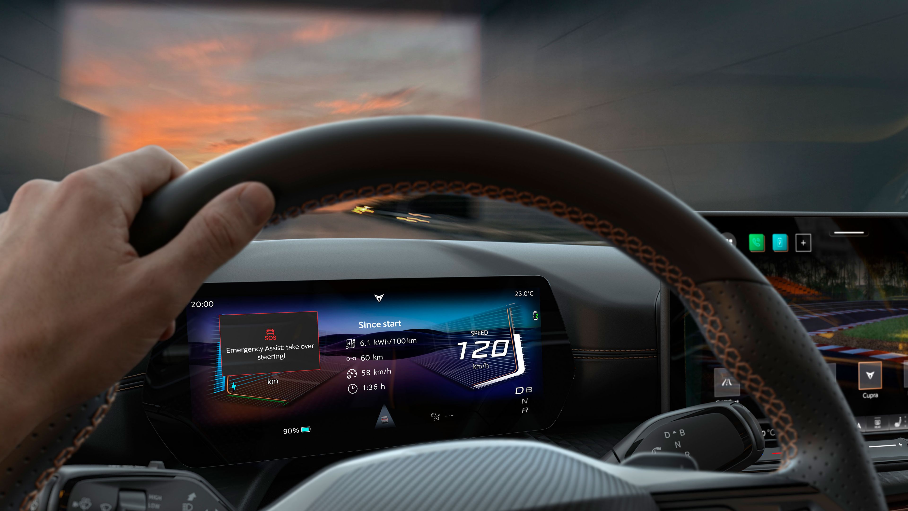 Innenansicht des CUPRA Born VZ, die die Emergency Assist 3.6-Funktion zeigt, welche die Sicherheit am Steuer erhöht.