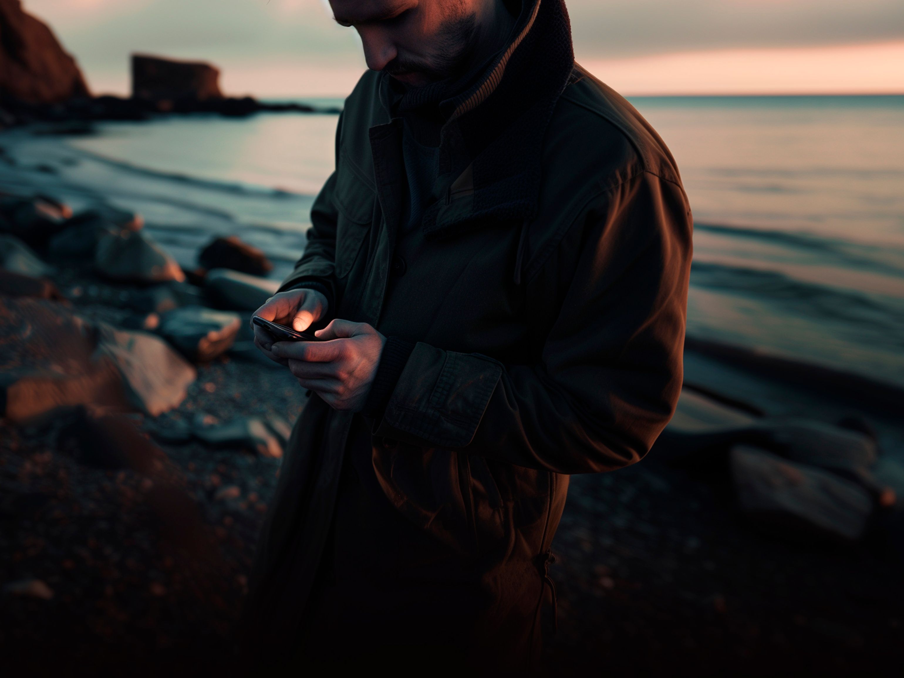Ein Mann tippt bei abendlicher Stimmung an einem Strand in sein Smartphone.