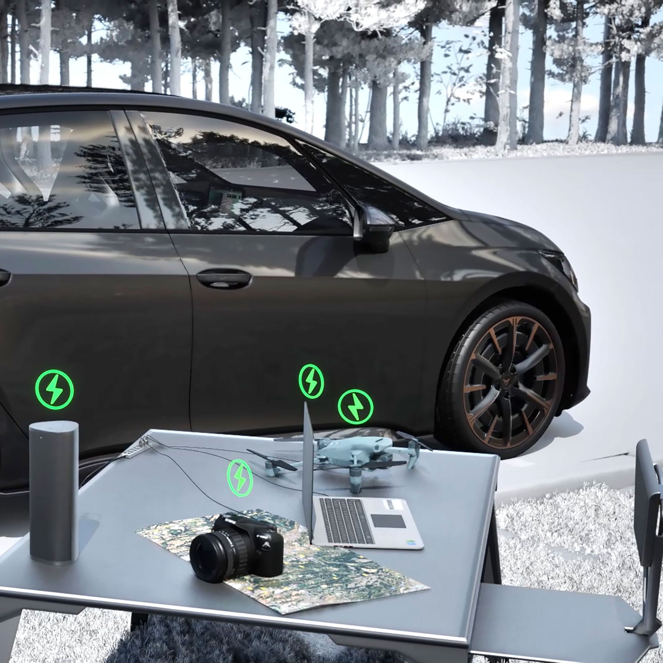 CUPRA Born VZ in Timanfaya Grey, draußen geparkt, zeigt die Funktionsweise der Vehicle-to-Load-Funktion.