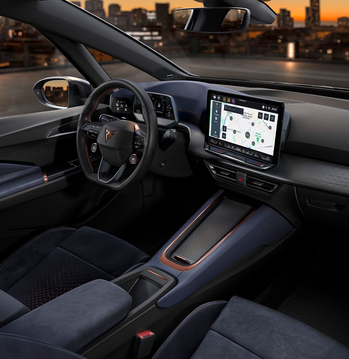 CUPRA Born Cockpitansicht mit Lenkrad und Charging Points auf dem Infotainment Screen.