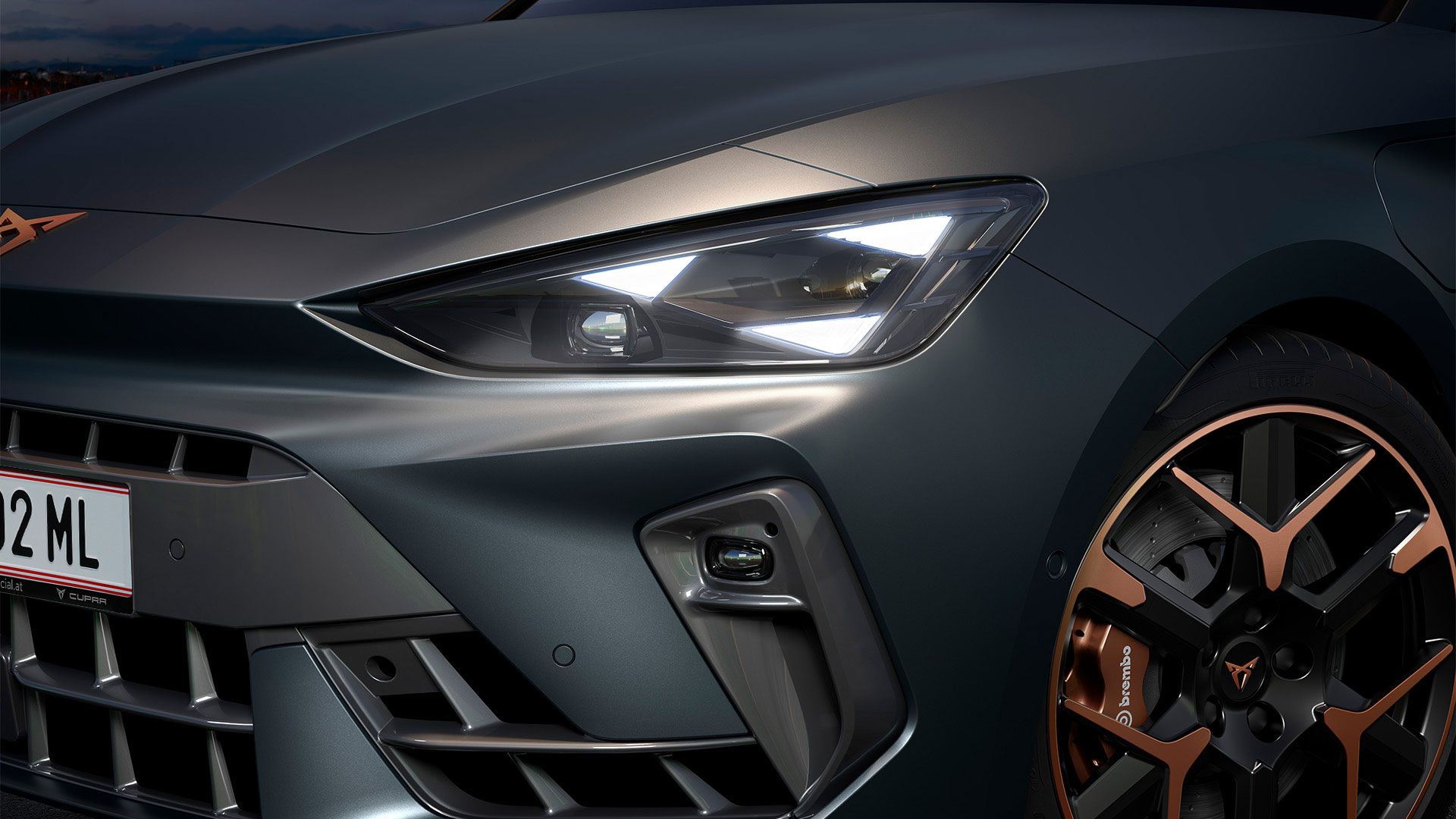 Fokusansicht der Triangle eye LED Leuchten von einem CUPRA Leon.